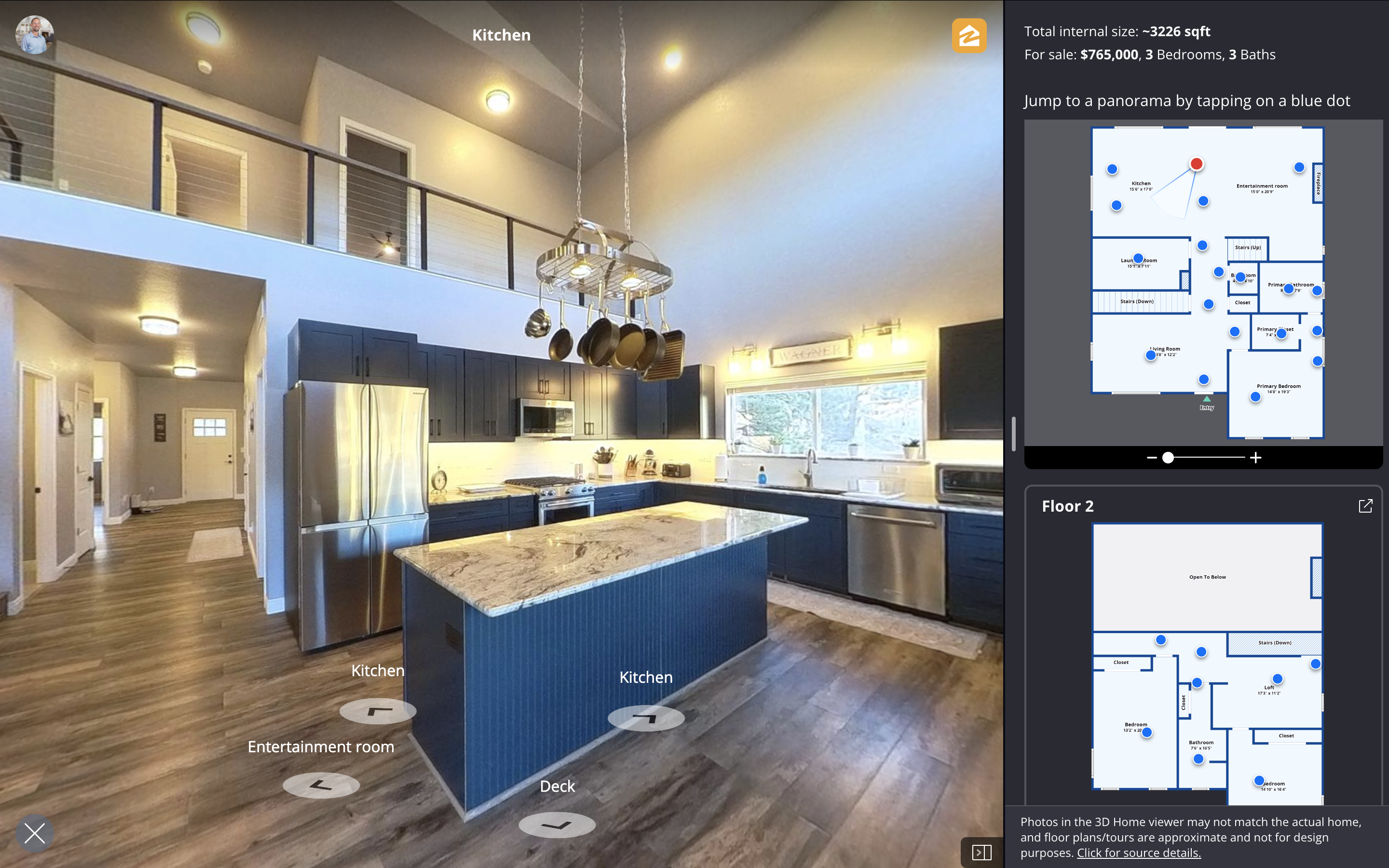 Screenshot of a Zillow 3D tour showing clickable markers for navigating through the home, alongside a 2D floor plan with markers linking to specific photos.